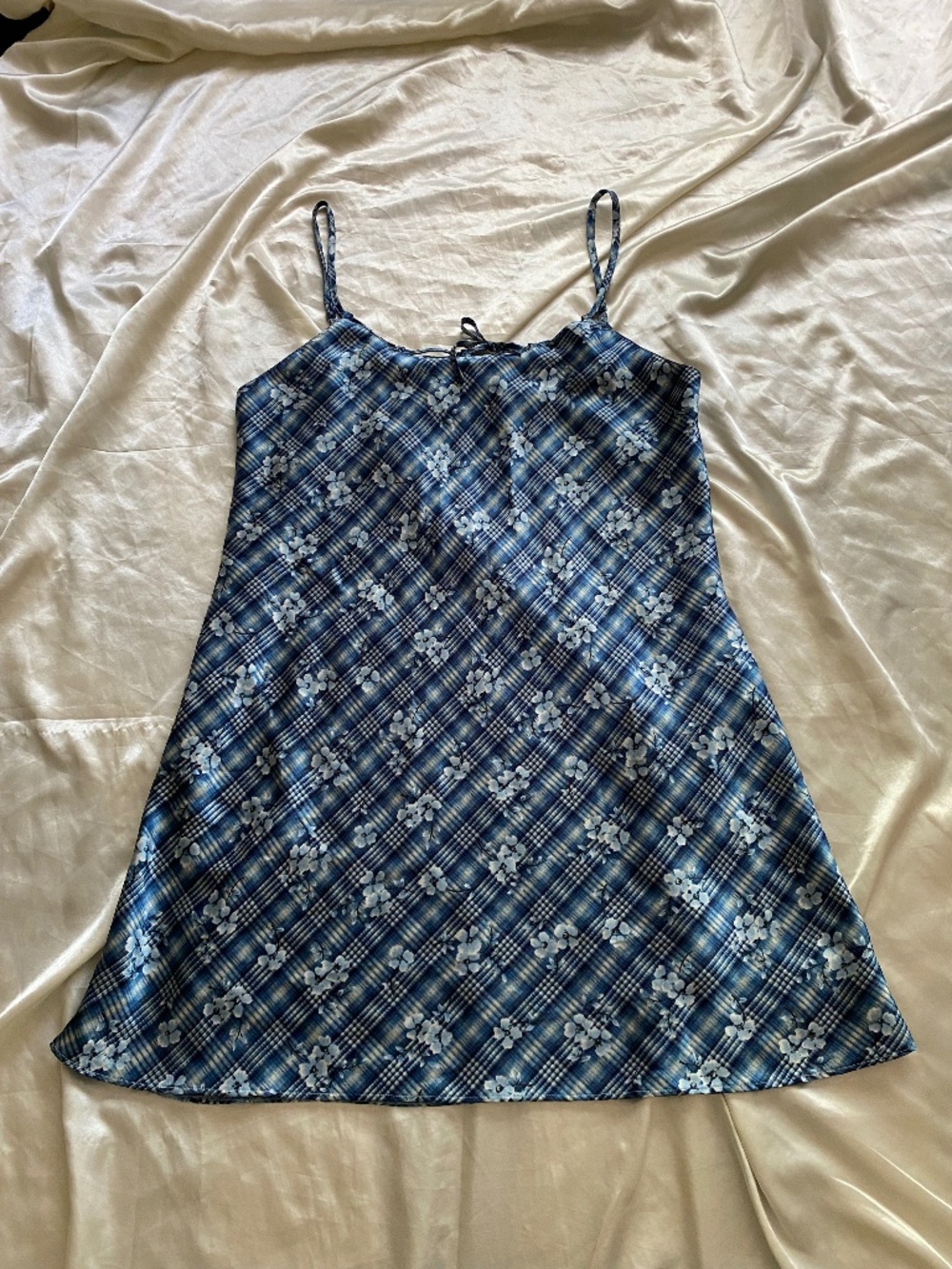 Vintage 1990s Blue Plaid Floral Satin Half Slip Dress Grunge Boho Small